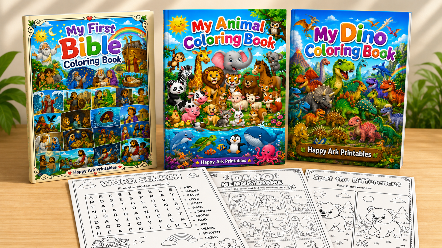 Kids Coloring Books + Activities Bundle | Bible, Animals & Dinosaurs | 109 Printable Pages